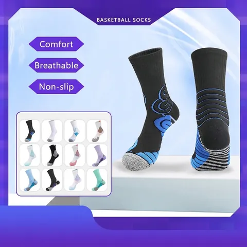 Men Sport Basketball Socks Mid-Calf Anti-Slip Athletic Elite Socks Cushioned Sole Breathable Moisture Wicking Gym Training Socks