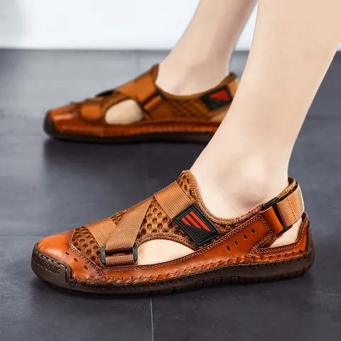 Heren Outdoor Casual Mesh Leer Sandalen Ademend Zomer Strand Schoenen Verstelbare Klittenband Gesloten Teen Antislip Rubberen Zool Grote Maten Wandelsandalen