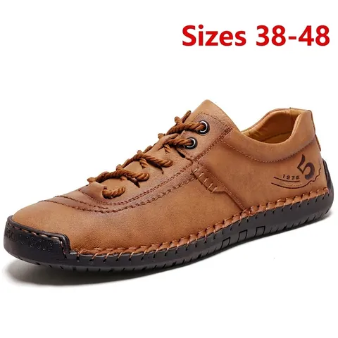 Men Vintage Hand-Stitched Leather Casual Shoes Outdoor Wear-Resistant Microfiber Flat Loafers Large Size 38-48