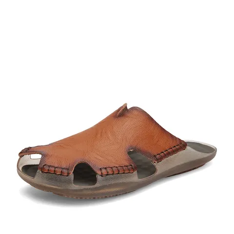 Men Leather Closed Toe Slippers Summer Beach Sandals Casual Breathable Hand Sewn Anti-Slip Outdoor Half Slippers Plus Size