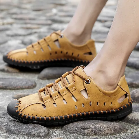 Sandali da Uomo all'Aperto Traspiranti Cuciti a Mano Scarpe Casual in Microfibra Leggere e Antiscivolo Sandali da Spiaggia