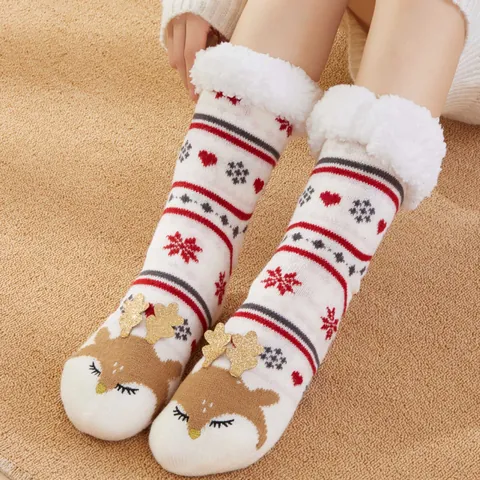 Women Christmas Floor Socks Winter Fleece Lined Sherpa Slipper Socks Warm Reindeer Santa Snowflake Pattern Knit Sleep Socks