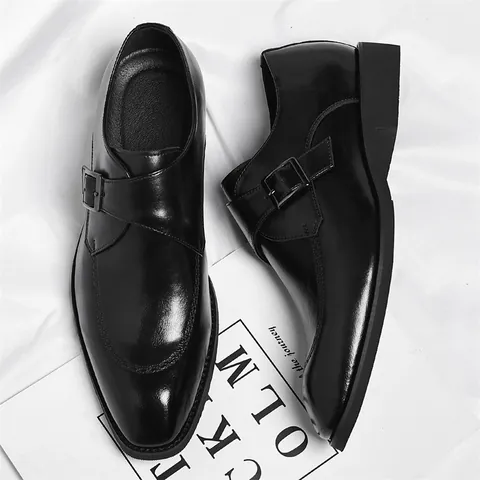 Men's Monk Strap Formal Shoes Synthetic Leather Business Dress Shoes Gradient Rubbed Pattern Anti-slip Rubber Sole British Style Footwear