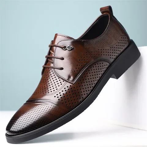 Herren Business Derby Schuhe Recyceltes Leder Atmungsaktives Aushöhlungsdesign Formelle Halbschuhe Schnürung Klassische Büro Schuhe