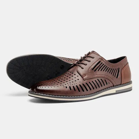 Sandali da Uomo in Stile Britannico Traforati Scarpe in Pelle PU Traspiranti Scarpe Casual Estive Stringate Formali