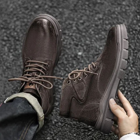 Men's Work Boots Vintage Outdoor Martin Boots High Top Pigskin Leather Lace Up Casual Boots Anti Slip Mid Heel Winter Shoes