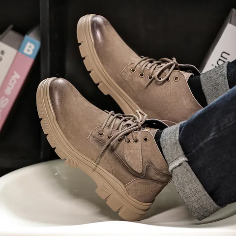 Men's Work Boots Vintage Outdoor Martin Boots High Top Pigskin Leather Lace Up Casual Boots Anti Slip Mid Heel Winter Shoes