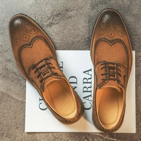 Herren Britischer Vintage Brogue Derby Schuhe Suede Kunstleder Business Casual Anzugschuhe Wingtip Low Top Schnürschuhe