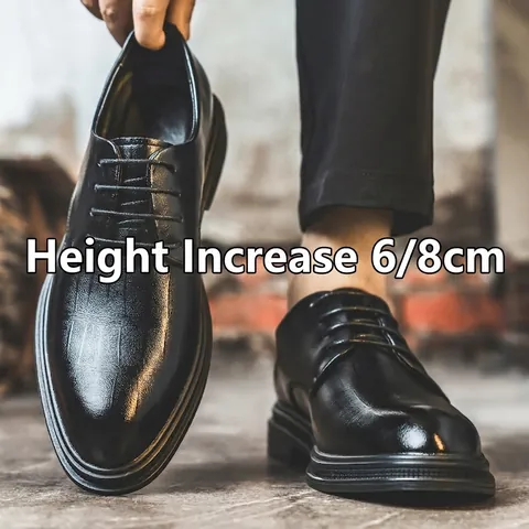 Men Business Formal Bonded Leather Shoes British Style Height Increasing Derby Shoes Black Crocodile Pattern For Wedding Office