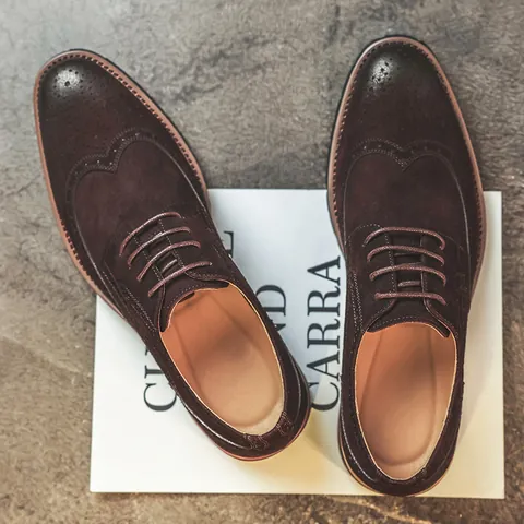 Herren Britischer Vintage Brogue Derby Schuhe Suede Kunstleder Business Casual Anzugschuhe Wingtip Low Top Schnürschuhe