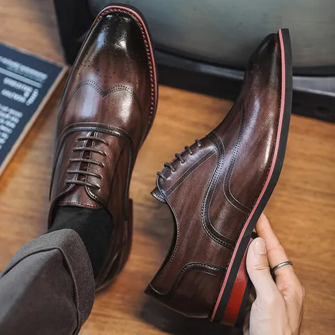 Men's Brogue Business Formal Bonded Leather Shoes Classic Wingtip Carved Lace-up Oxford Dress Shoes For Wedding Office Gentleman