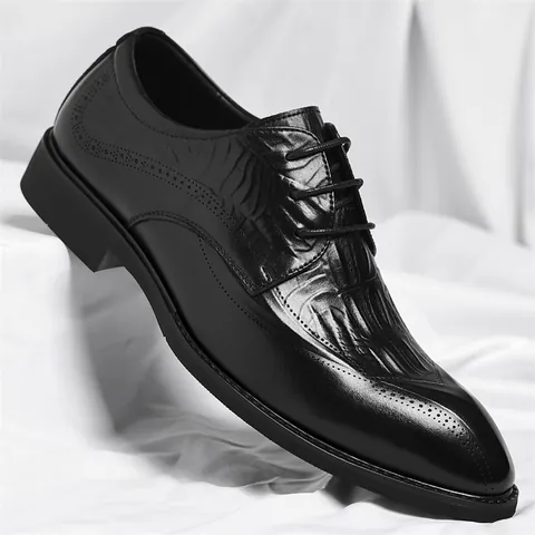 Men Business Formal Dress Shoes Crocodile Pattern Brogue Pointed Toe Height Increasing Wedding Office Leather Shoes