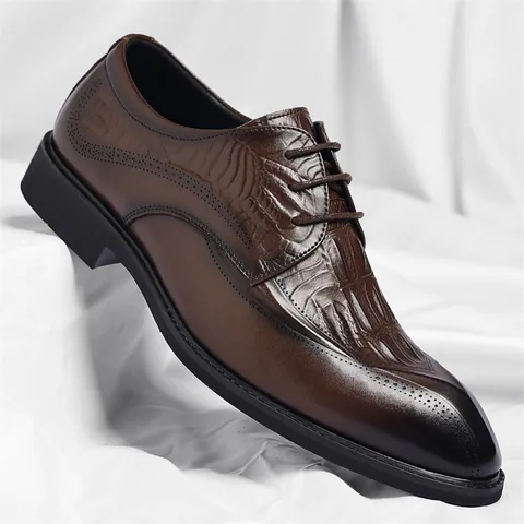 Men Business Formal Dress Shoes Crocodile Pattern Brogue Pointed Toe Height Increasing Wedding Office Leather Shoes