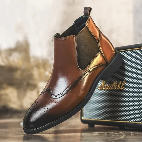 Stivali Chelsea Brogue Vintage da Uomo in Pelle Rigenerata Foderati in Pile Invernali Caldi Stivaletti Scarpe Casual da Lavoro