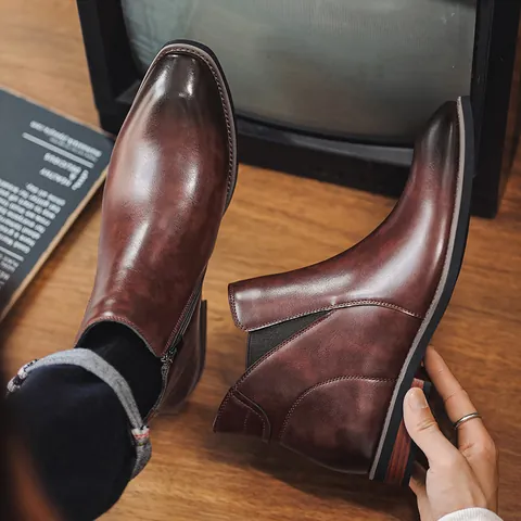 Stivali Chelsea Retrò da Uomo in Pelle Sintetica Stivaletti Casual con Cerniera Laterale Foderati Caldi Scarpe Invernali da Uomo