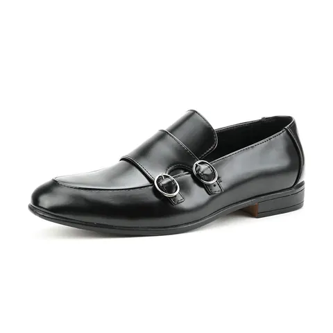 Men's Classic Double Monk Strap Shoes British Style Pointed Toe Loafers PU Leather Breathable Slip On Business Dress Shoes