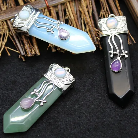 Collier Pendentif Épée Pilier en Cristal Hexagonal Vintage Pierre Naturelle Alliage Strass Bijoux pour Hommes Femmes