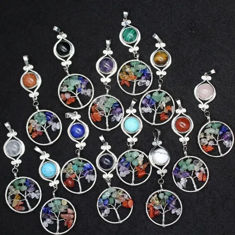 Collar con Colgante de Árbol de la Vida de Cristal Hecho a Mano Étnico Alambre Envuelto Virutas de Piedra Joyería Mujer Hombre