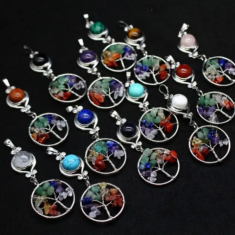 Collar con Colgante de Árbol de la Vida de Cristal Hecho a Mano Étnico Alambre Envuelto Virutas de Piedra Joyería Mujer Hombre