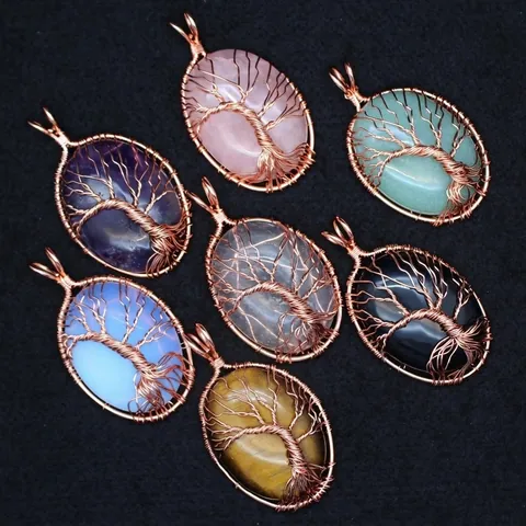 Handmade Tree Of Life Natural Stone Pendant Necklace Rose Gold Wire Wrapped Egg Shaped Crystal Jewelry For Women Vintage Necklaces