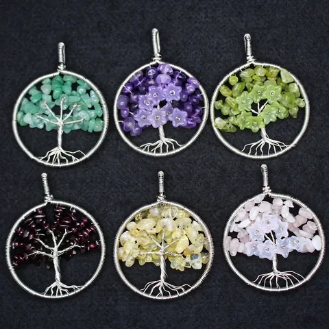 Handmade Tree Of Life Pendant Natural Crystal Chip Round Alloy Wire Wrap Necklace Accessory Women Ethnic Vintage Jewelry Gift