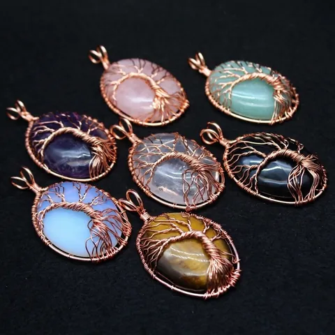 Handmade Tree Of Life Natural Stone Pendant Necklace Rose Gold Wire Wrapped Egg Shaped Crystal Jewelry For Women Vintage Necklaces