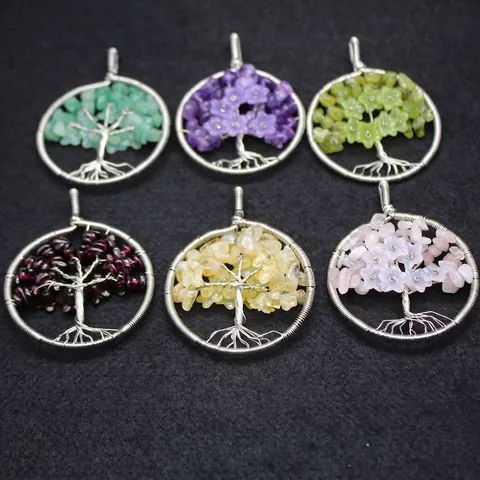 Handmade Tree Of Life Pendant Natural Crystal Chip Round Alloy Wire Wrap Necklace Accessory Women Ethnic Vintage Jewelry Gift