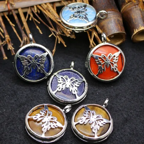 Vintage Alloy Butterfly Hollow Out Round Locket Natural Stone Pendant Personalized Crystal Necklace Accessory For Women Jewelry