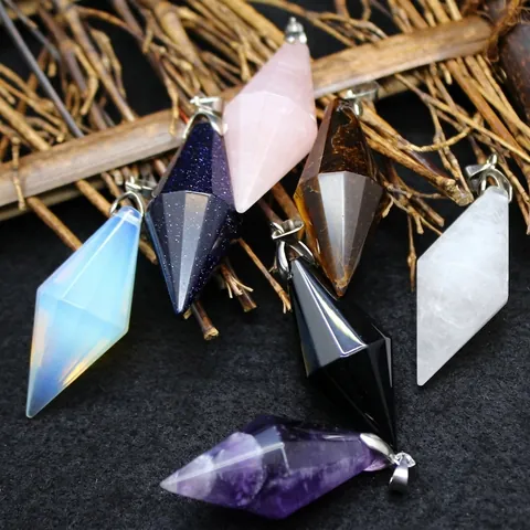 Minimalist Natural Crystal Rhombus Pendant Necklace For Women Men Hexagonal Healing Stone Dowsing Pendulum Jewelry Accessory