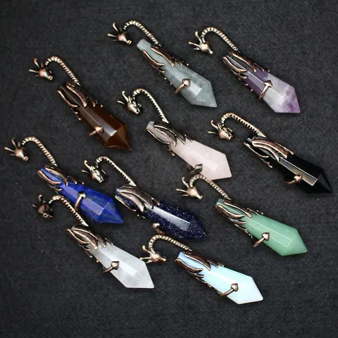 Collier Pendentif Pointe de Cristal Dragon Volant Vintage Alliage Bronze Antique Pierre Naturelle Colonne Hexagonale Bijoux