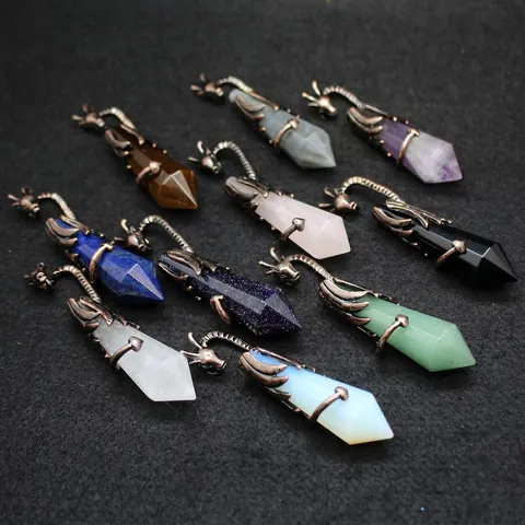 Collier Pendentif Pointe de Cristal Dragon Volant Vintage Alliage Bronze Antique Pierre Naturelle Colonne Hexagonale Bijoux