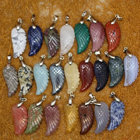 Carved Wing Natural Stone Pendant For Women Men Minimalist Alloy Feather Charms Maifan Stone Sodalite Agate Iron Ore Pendant