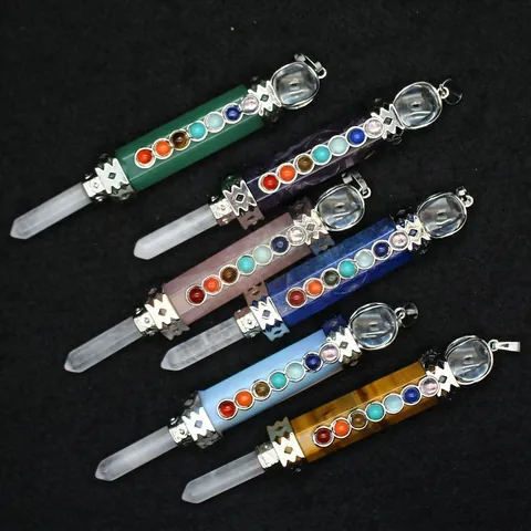 Pendentif Pilier Hexagonal en Pierre Naturelle Chakra Cristal de Guérison Baguette Alliage Vintage Design Creux Bijoux Femmes