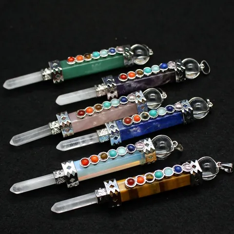Pendentif Pilier Hexagonal en Pierre Naturelle Chakra Cristal de Guérison Baguette Alliage Vintage Design Creux Bijoux Femmes