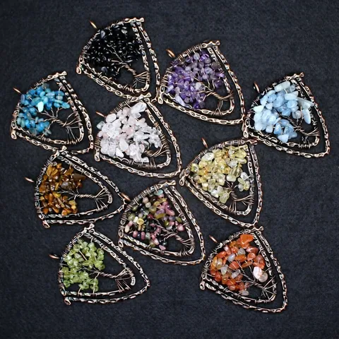 Colgante Escudo Retro Medieval Hecho a Mano Alambre Envuelto Árbol de la Vida Piedra Natural Colgante Joyería Accesorios