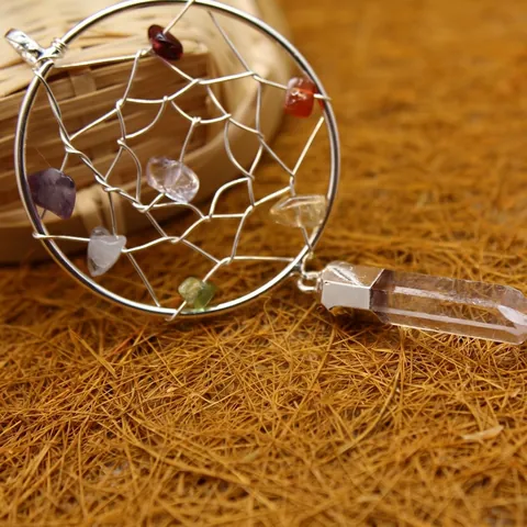 Handmade Chakra Dream Catcher Clear White Crystal Point Pendant Necklace Multicolor Stone Alloy Wire Wrapped Jewelry