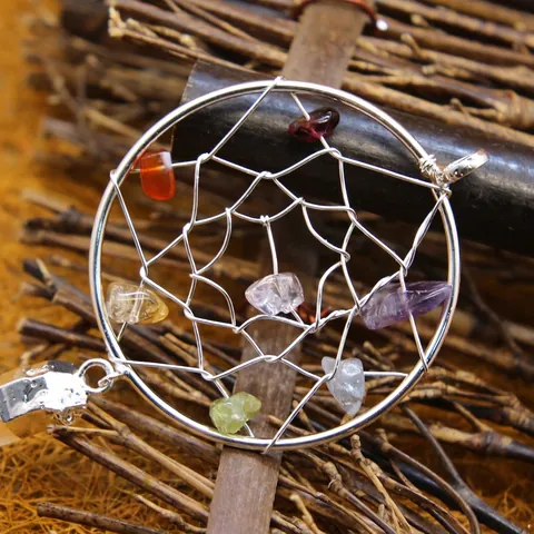 Handmade Chakra Dream Catcher Clear White Crystal Point Pendant Necklace Multicolor Stone Alloy Wire Wrapped Jewelry