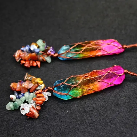 Bohemian Rainbow Electroplated Crystal Pillar Car Hanging Ornament With Woven Net And Multi-color Natural Stone Tassel Decor