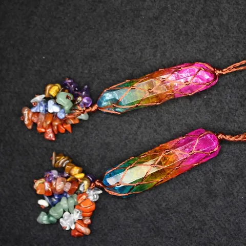 Bohemian Rainbow Electroplated Crystal Pillar Car Hanging Ornament With Woven Net And Multi-color Natural Stone Tassel Decor