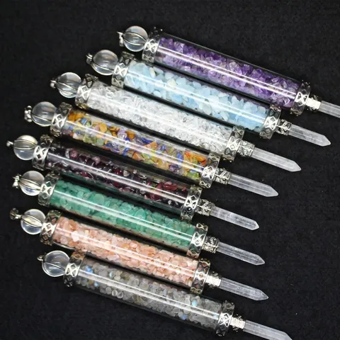 Natural Stone Crystal Gravel Wishing Bottle Scepter Pendant Necklace Spiritual Healing Wand Jewelry Retro Alloy Glass Craft