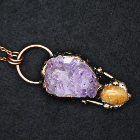 Vintage Amethyst Cluster Anhänger Halskette Antik Bronze Legierung Chrysanthemenstein Rohkristall Anhänger Schmuck Für Herren Damen