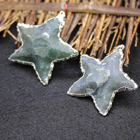 Retro Star Indian Agate Raw Stone Pendant Necklace Silver Alloy Metal Edging Natural Gemstone Charm Jewelry For Women Gift