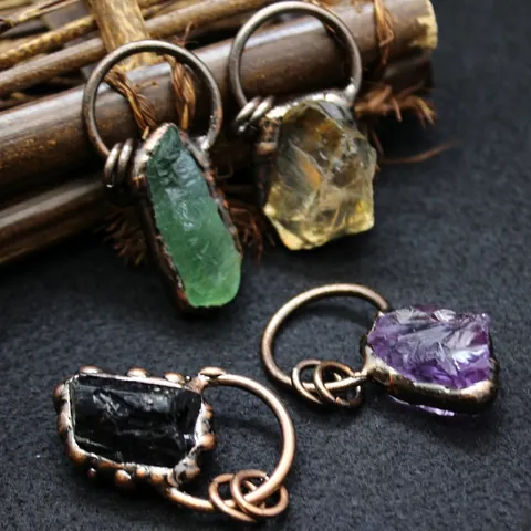 Bohemian Natural Raw Stone Pendant Necklace For Women Amethyst Green Fluorite Citrine Black Tourmaline Retro Wire Wrapped Jewelry