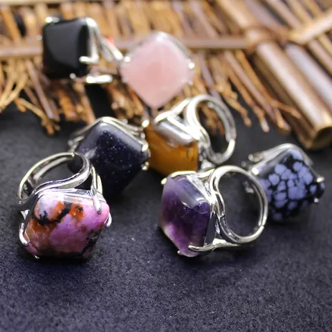 Minimalist Alloy Gemstone Adjustable Ring For Women Geometric Rhombus Tiger Eye Amethyst Rose Quartz Crystal Finger Ring Fashion Jewelry