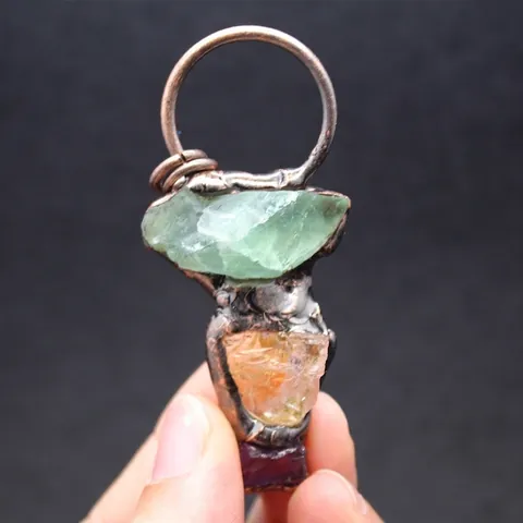 Irregular Natural Green Fluorite Citrine Amethyst Triple-Split Pendant Necklace Women Vintage Bronze Raw Stone Sweater Chain