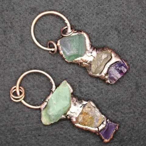 Irregular Natural Green Fluorite Citrine Amethyst Triple-Split Pendant Necklace Women Vintage Bronze Raw Stone Sweater Chain
