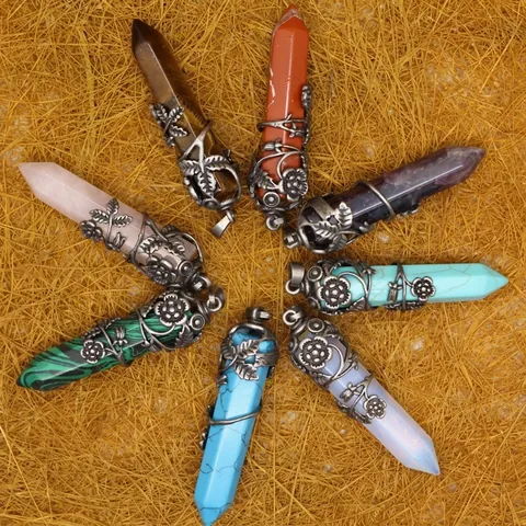 Natural Crystal Hexagonal Column Rose Flower Rhinestone Pendant Only (Without Chain) For Women Retro Alloy Stone Gift