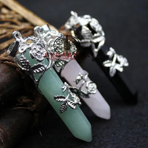 Natural Crystal Hexagonal Column Rose Flower Rhinestone Pendant Only (Without Chain) For Women Retro Alloy Stone Gift