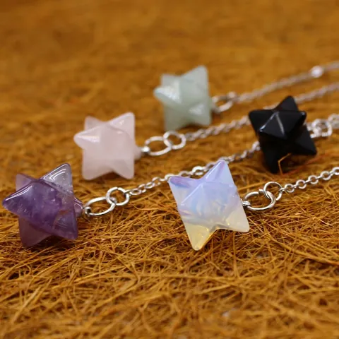 Natural Stone Merkaba Pendulum Pendant Necklace Amethyst Rose Quartz Merkabah Star Healing Crystal Dowsing Spiritual Jewelry Gift