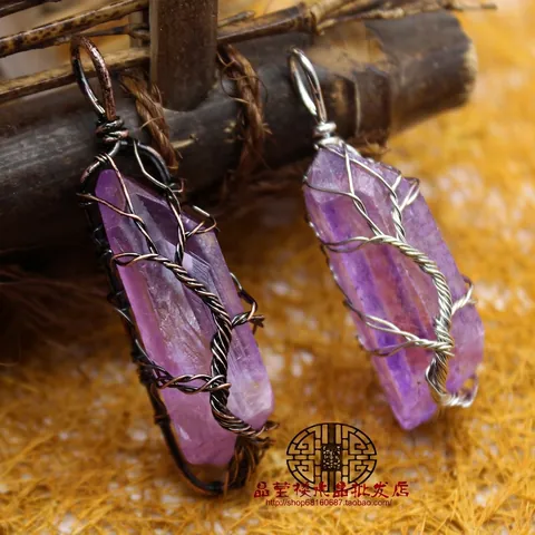 Vintage Amethyst Kristall Säule Anhänger Halskette Handgefertigt Lebensbaum Draht Umwickelt Naturstein Schmuck für Damen